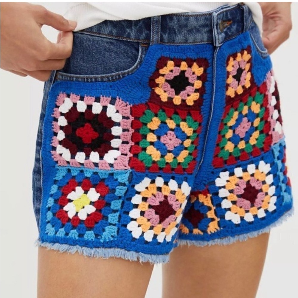 Farm Rio Colorful Crochet Patchwork Denim Shorts